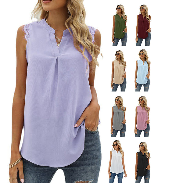 Women's Solid Color Shirt Loose V-neck Sleeveless Blouses