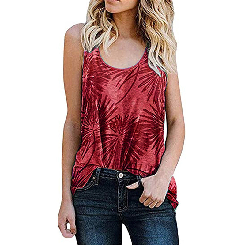 Women's Summer Casual Sleeveless Round Neck Leopard Print Floral Out Blouses