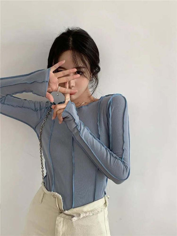 Women's Line Design Solid Color Bottoming T-shirt Versatile Blouses