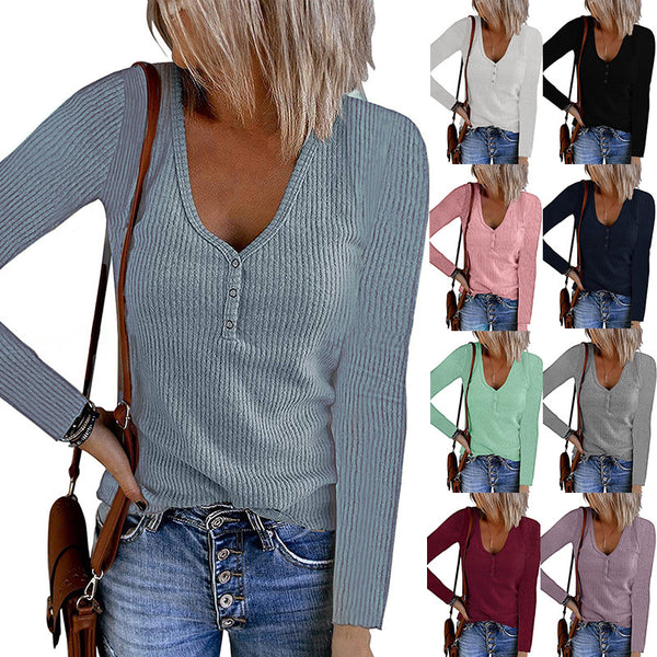 Women's Solid Color V-neck Long-sleeved T-shirt Button Tops