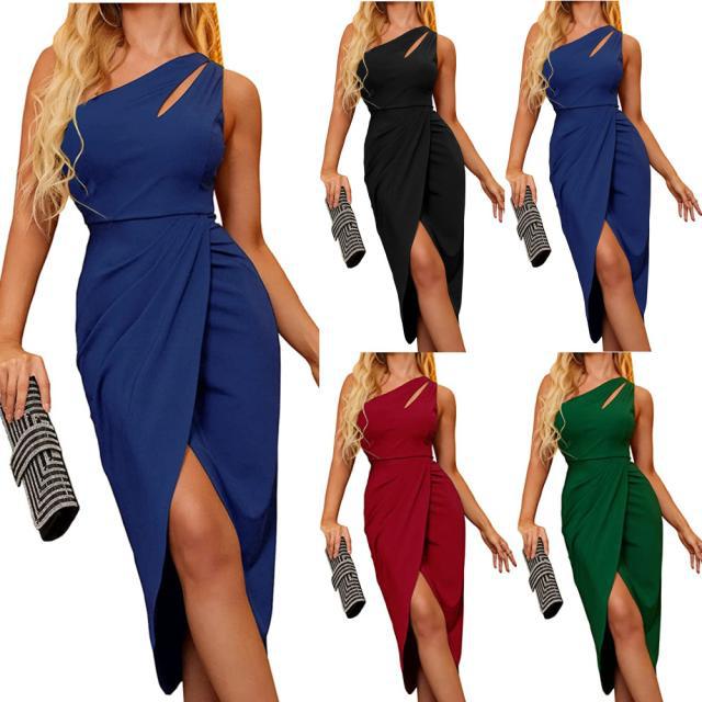Women's Sexy Shoulder Hollow Backless Sleeveless Waist-tight Slim-fitting Dresses