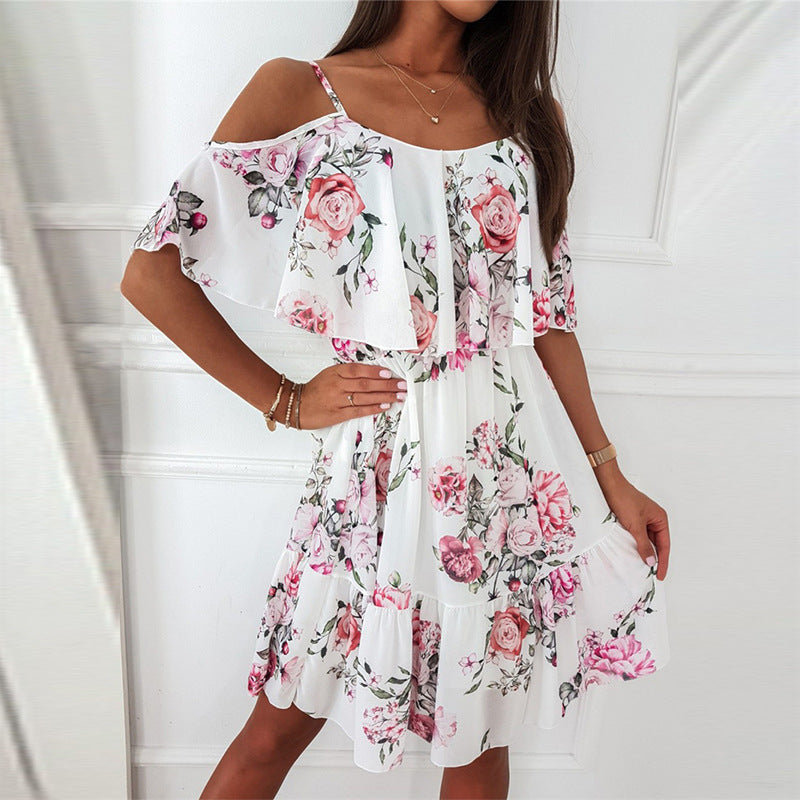 Chiffon Printed Off-the-shoulder Strap Sexy Dress Dresses