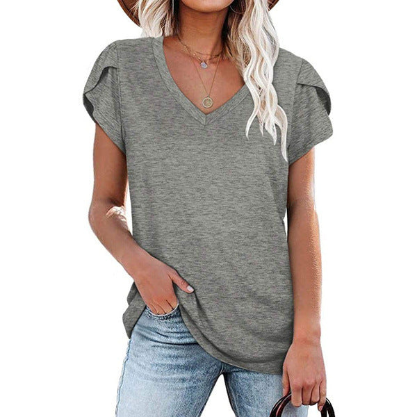 Women's Solid Color V-neck Sleeve T-shirt Blouses