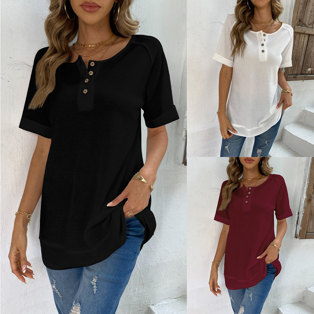 Women's Summer Solid Color Sleeve Button Loose-fitting Blouses