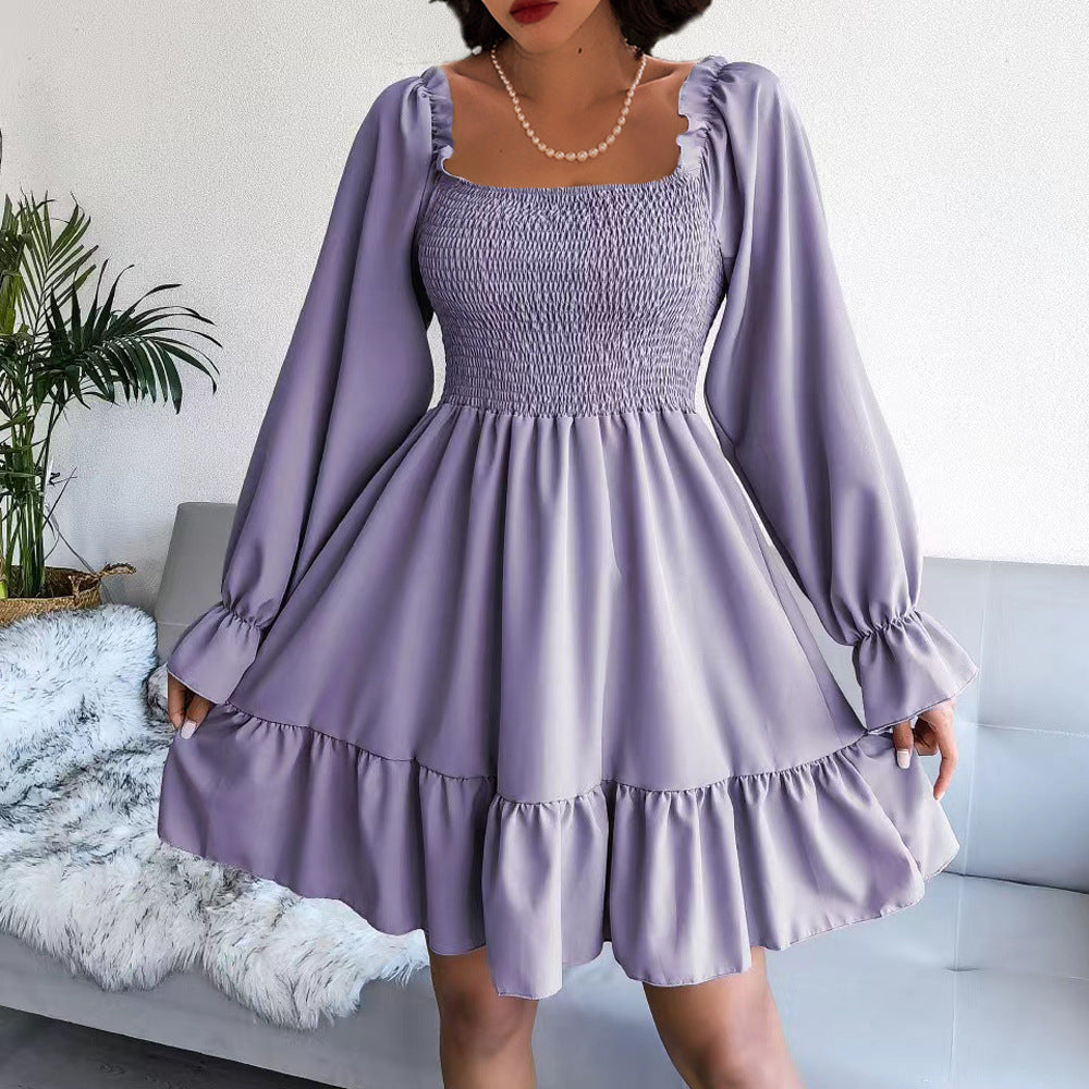 Women's Square Collar Flared Long Sleeve Ruffled Dresses