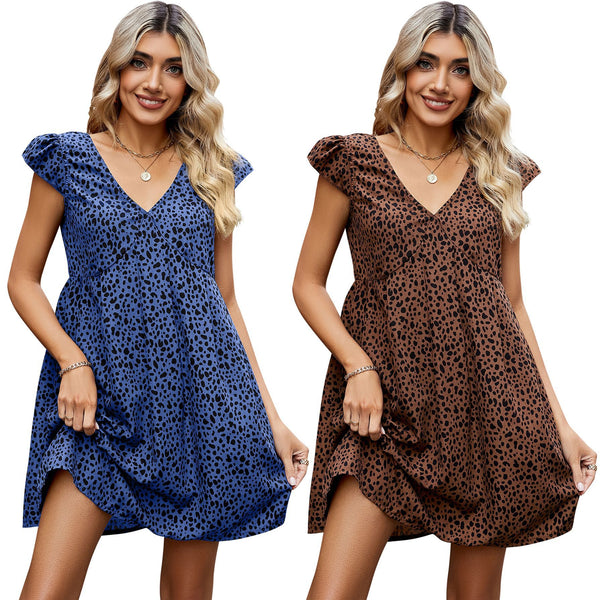 Women's Bohemian Leopard Print Mini V-neck A- Dresses