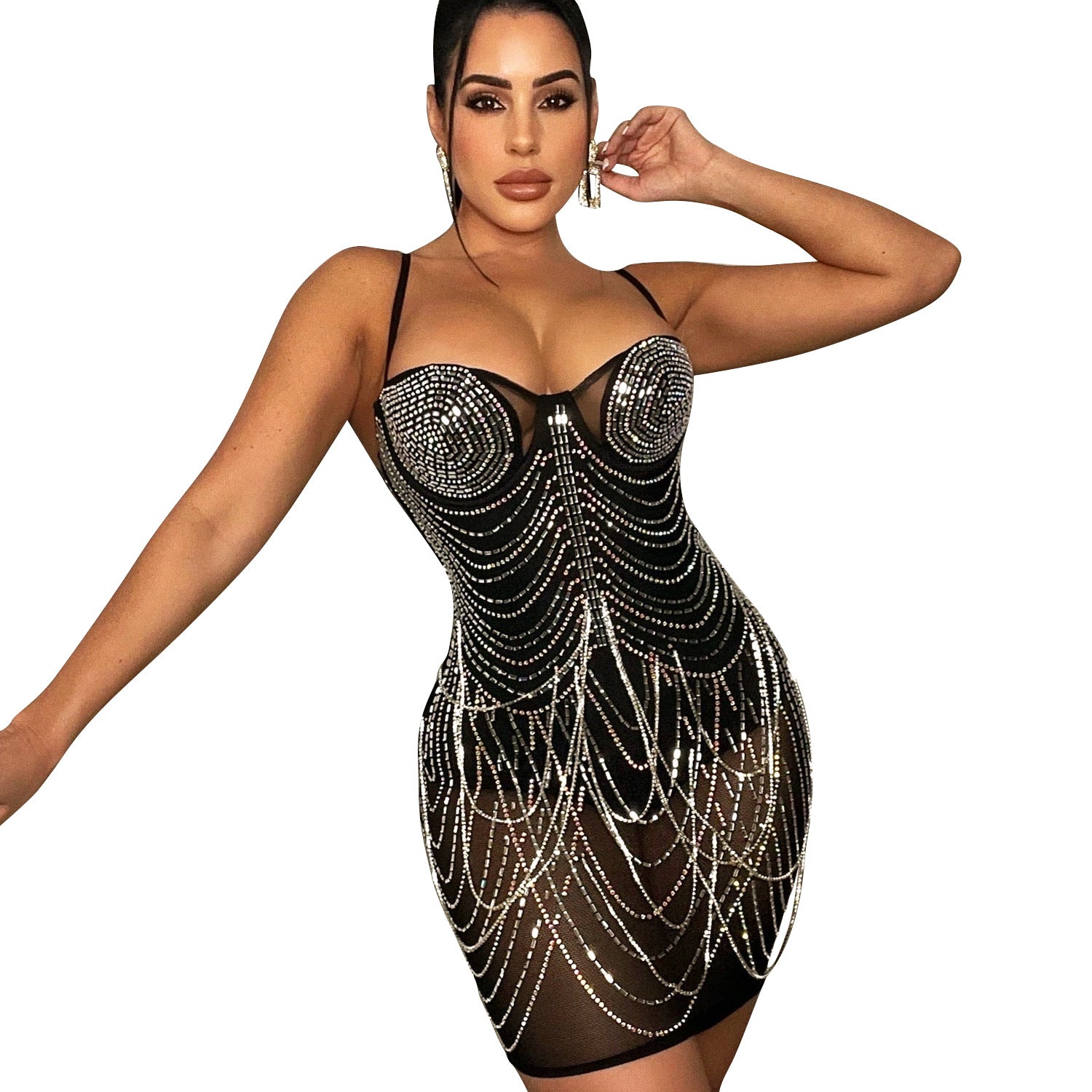 Women's Fashion Nightclub Sexy Mesh Rhinestone Tassel Dresses