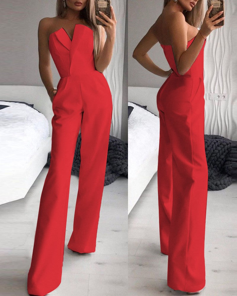 Chinese Long Style Slant Mid-waist Temperament Jumpsuits