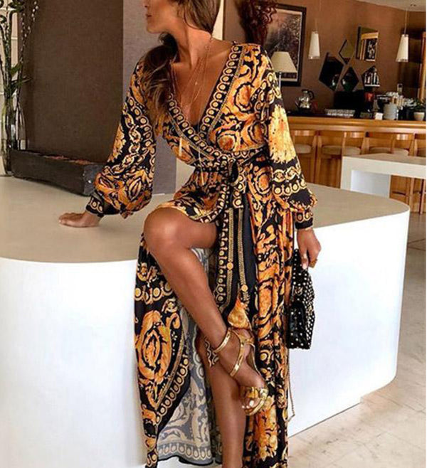 Women's Autumn Abstract Pattern Print Puff Sleeve Dresses