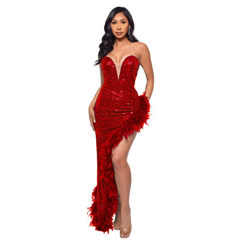 Women's Tube Backless Sequined Feather Dress Dresses