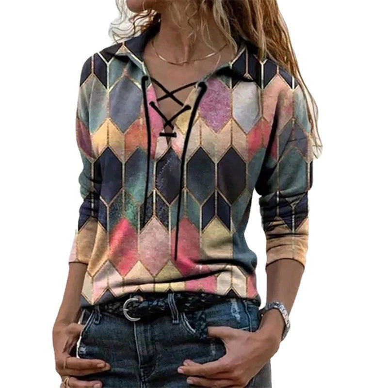 Women's Spring Urban Casual Loose Printed Long Sleeve Tied V-neck Blouses