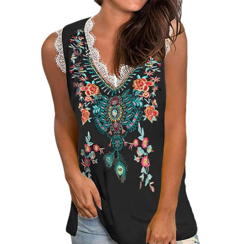 Damen-Oberteile mit Sommer-Pflanzenblumen-Print und V-Ausschnitt