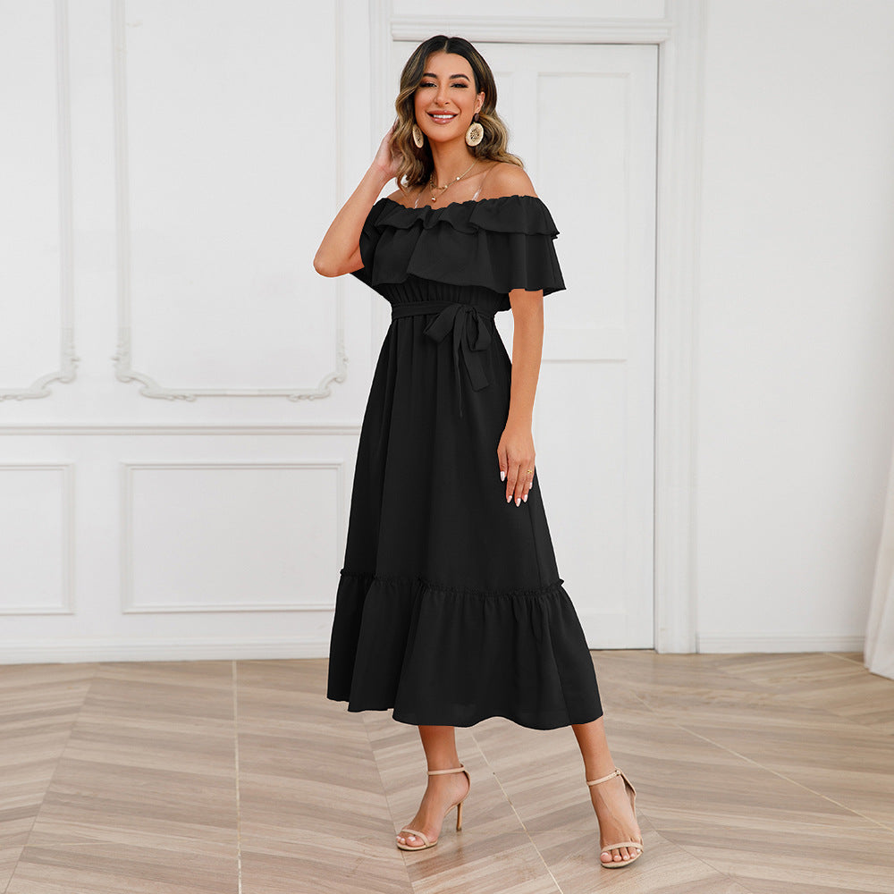 Solid Color Sexy Off-shoulder Mid-length Stylish Dresses