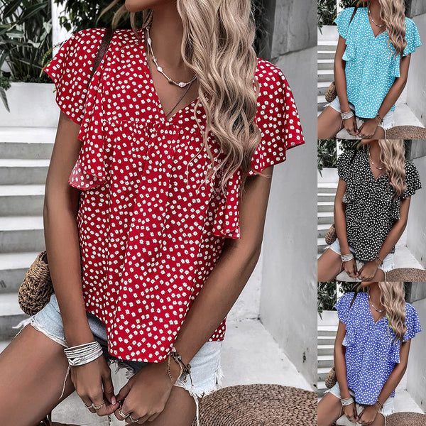 Women's Bohemian Floral Printed V-neck Short-sleeved Blouses