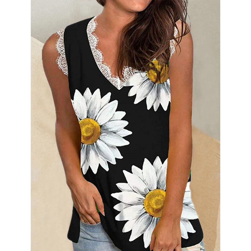 Damen-Oberteile mit Sommer-Pflanzenblumen-Print und V-Ausschnitt