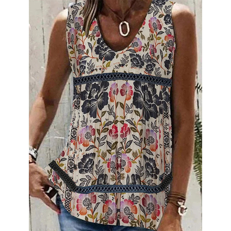 Women's Slouchy Summer Printed Patchwork Sleeveless Blouses