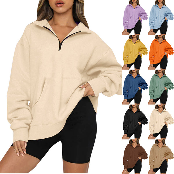 Women's Pocket Half Zipper Pullover Long Sleeve Tops