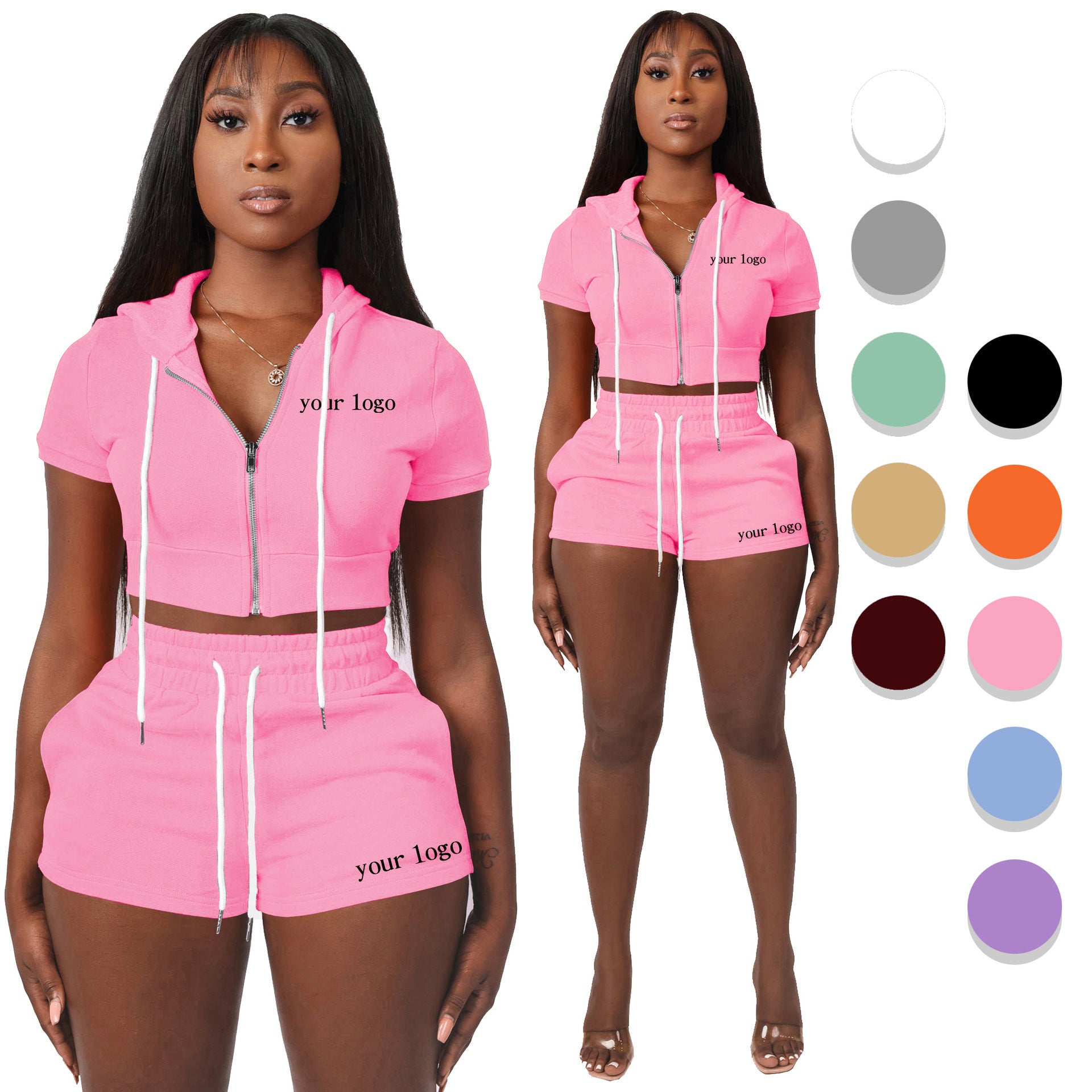 Women's Zipper Solid Color Hoodie Two-piece Set Suits