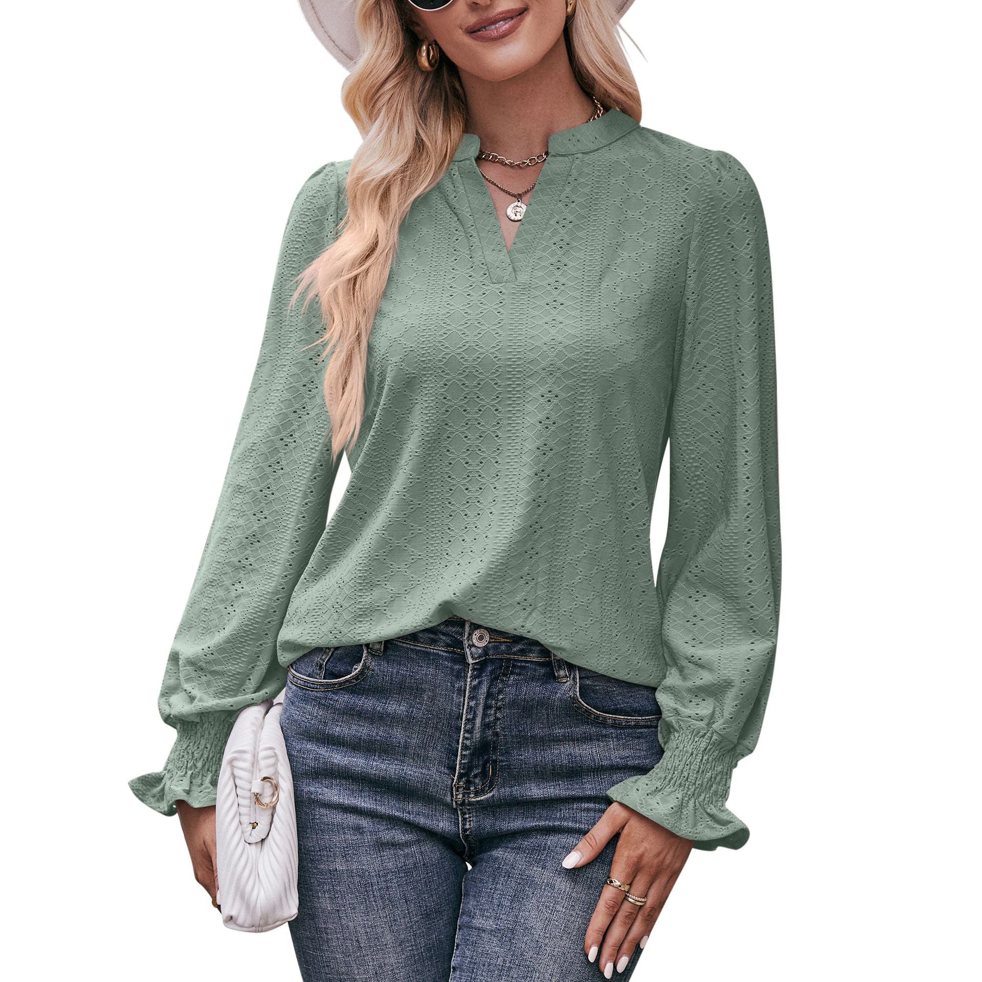 Women's Solid Color T-shirt Hole Long Sleeve Blouses