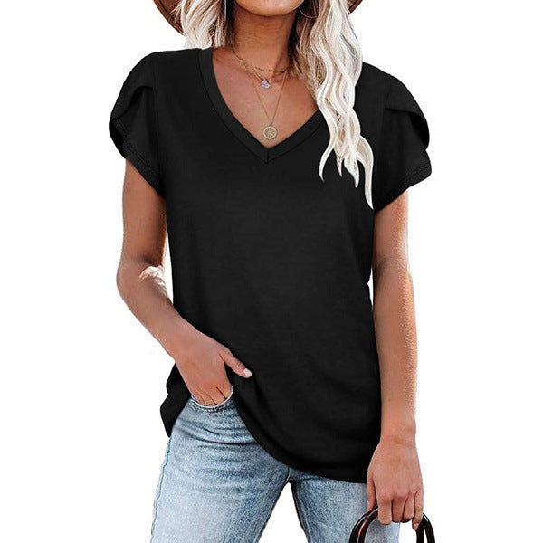 Women's Solid Color V-neck Sleeve T-shirt Blouses