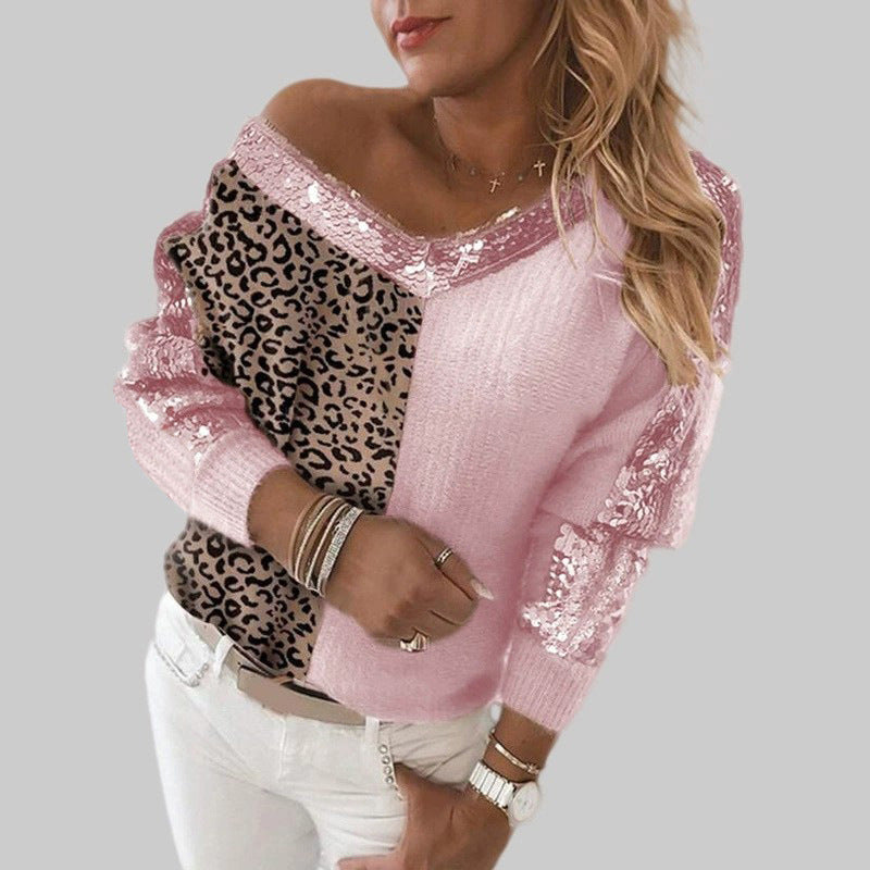 Women's Stitching Leopard Print Elegant Pullover Long Sweaters