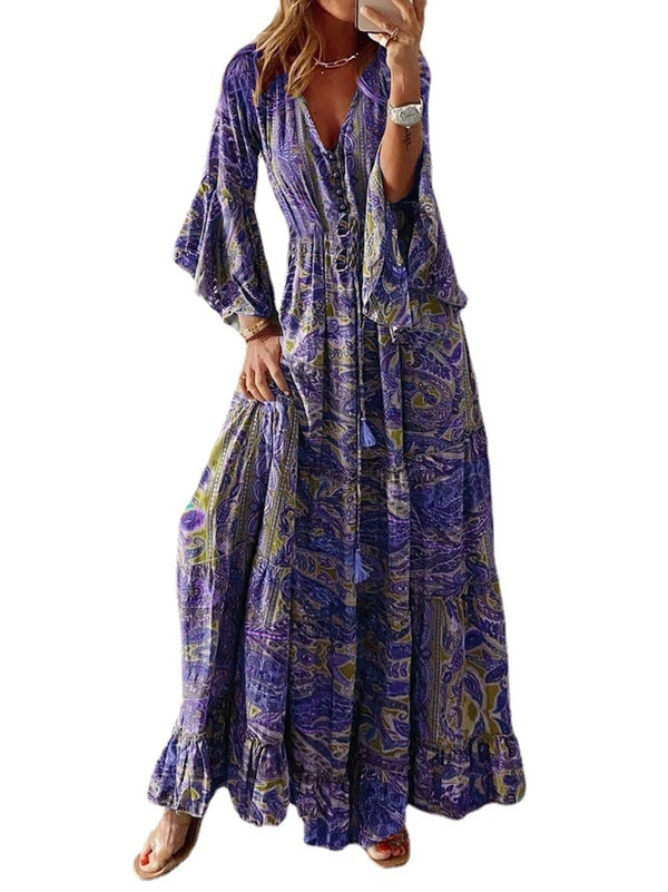 Flare Sleeve Printed V-neck High Waist Dresses