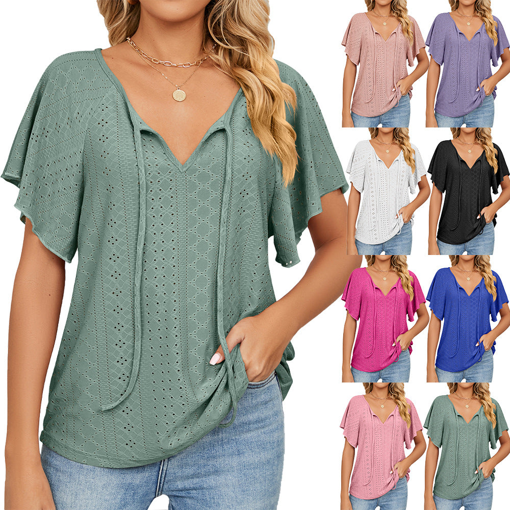 Women's Solid Color V-neck Lace-up Sleeve Loose Blouses