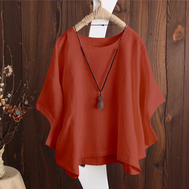Women's Short-sleeved Loose Solid Color Batwing Sleeve Summer Round Blouses