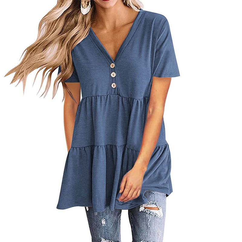 Women's V-neck Short-sleeved Pullover Solid Color Stitching Dresses