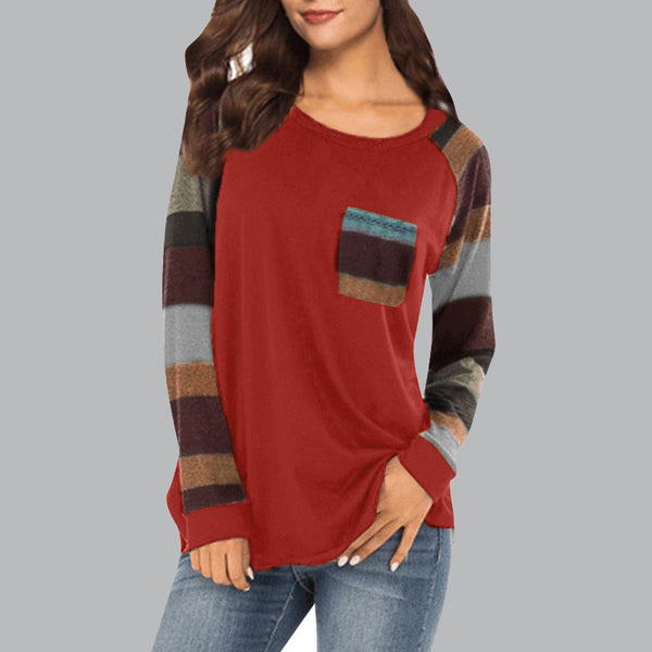 Autumn Casual Long Sleeve Round Neck Loose Pockets Tops