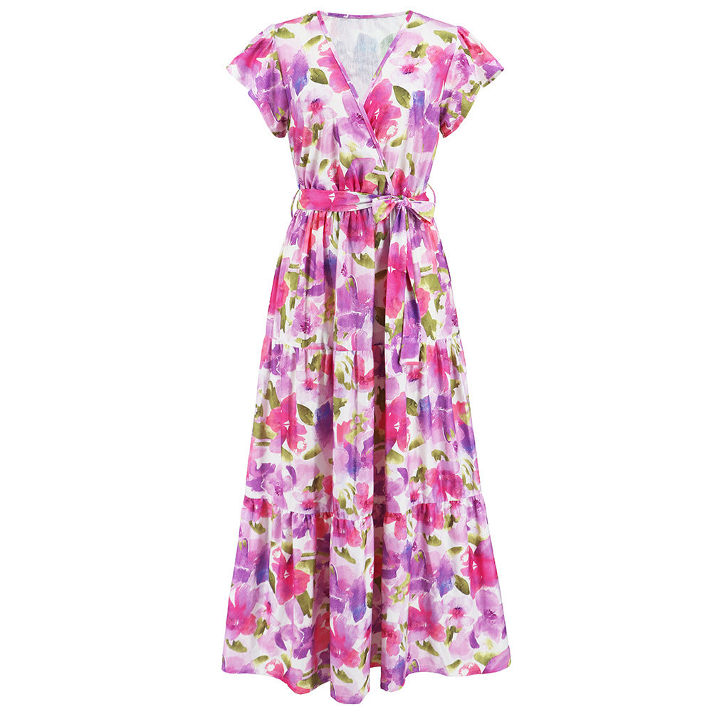 Women's Large Swing Floral Summer V-neck Flounce Dresses