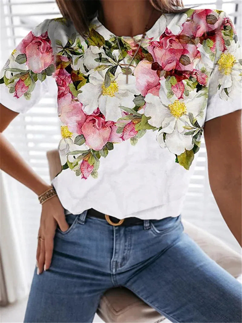 Women's Creative Printed Short-sleeved Round Neck Blouses