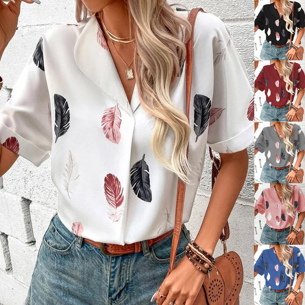 Women's Summer Lapel Feather Printed Sleeve Blouses