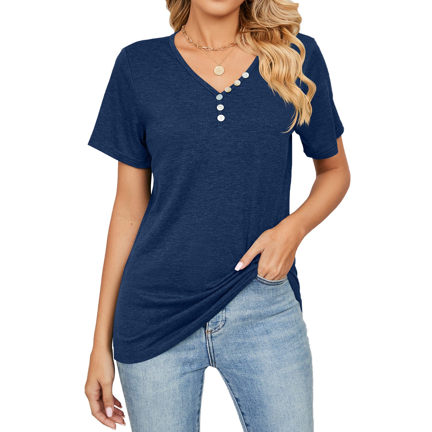 Women's Summer Solid Color Sleeve Button Loose-fitting Blouses