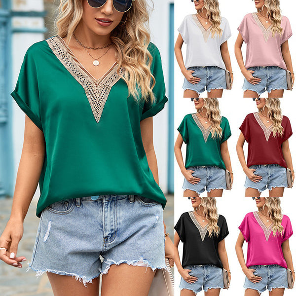 Women's Summer V-neck Satin Sleeve Batwing Blouses