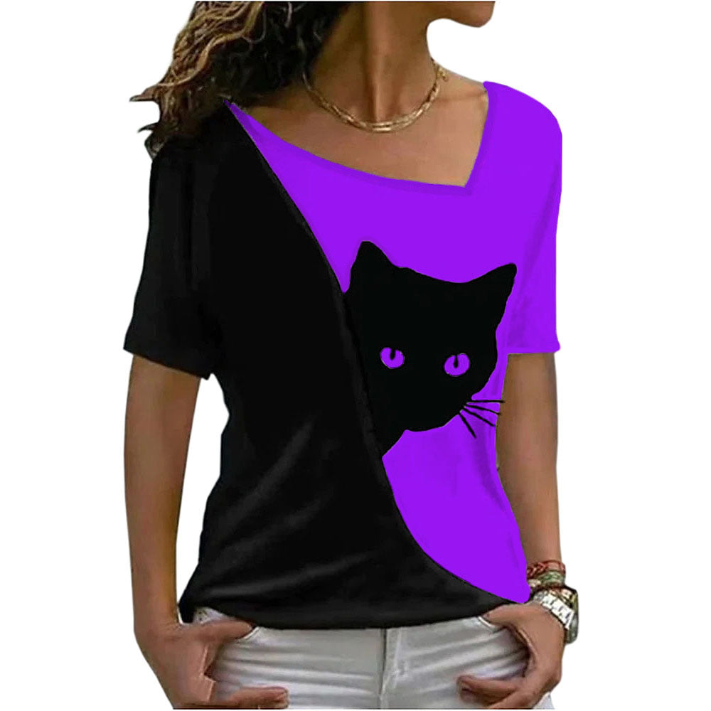 Women's Summer Collar Black Cat Printed Short-sleeved Blouses