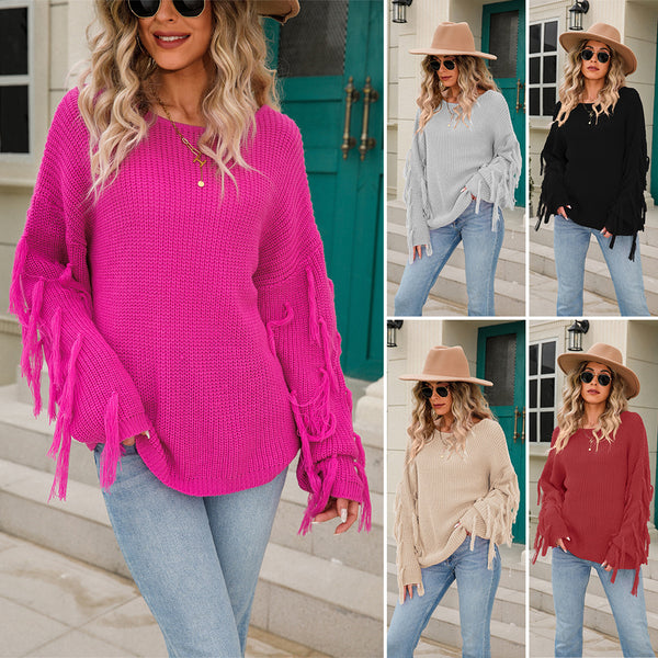 Trendy Women's Large Tassel Loose Pullover Sweaters