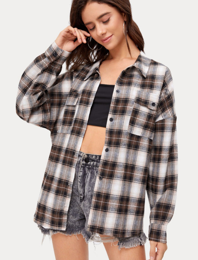 Autumn Plaid Single-breasted Stand Collar Lapel Cardigans