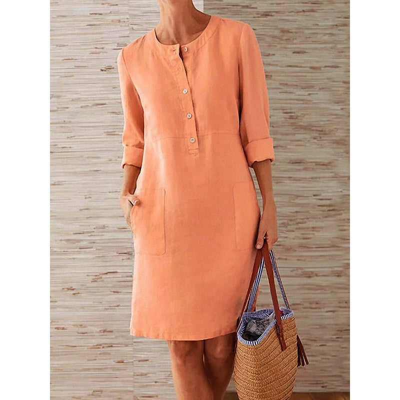 Women's Charming Spring Linen Round-neck Long-sleeved Dresses