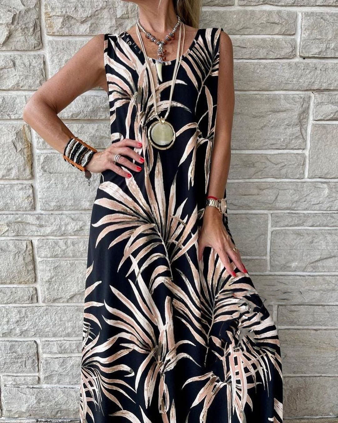 Summer Printed Round Neck Sleeveless Long Dresses