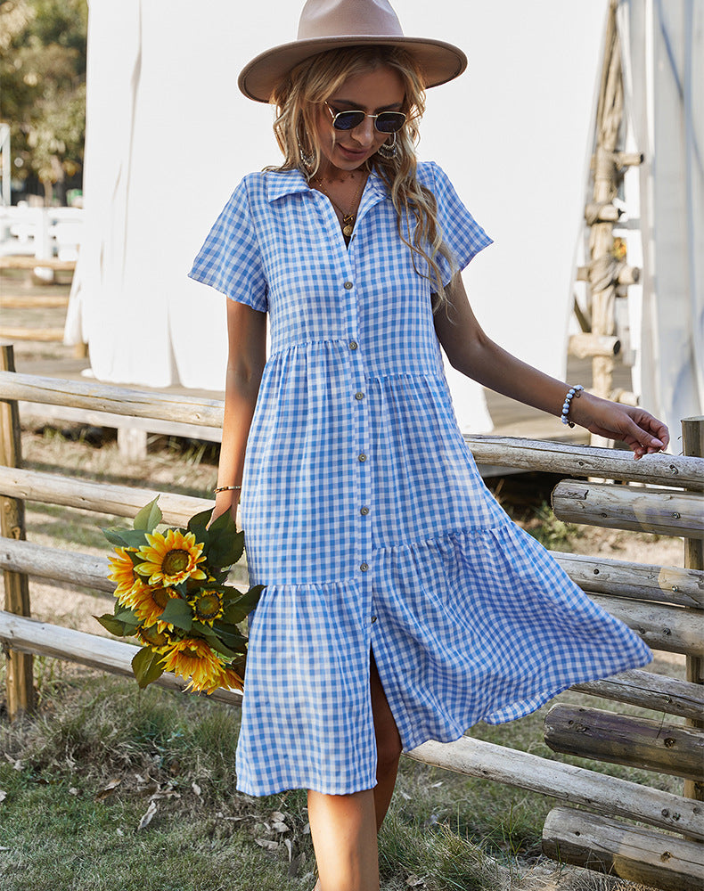 Robe d'été à carreaux pour femmes, col chemise, robes décontractées