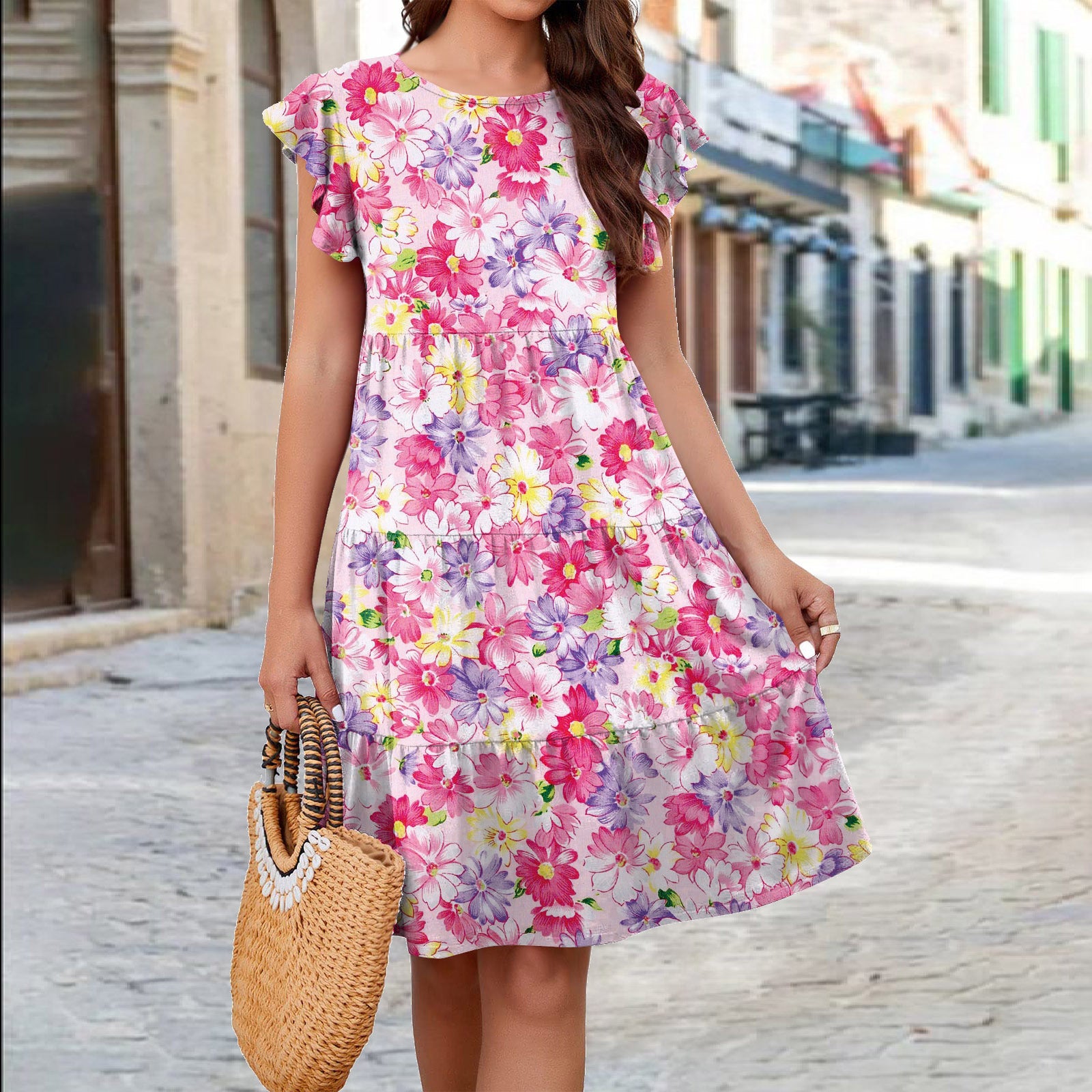 Unique Trendy Printed Cake Flounced Sleeve Dresses