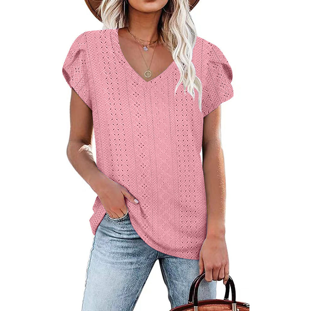 Women's Solid Color V-neck Tile Sleeve Loose Blouses