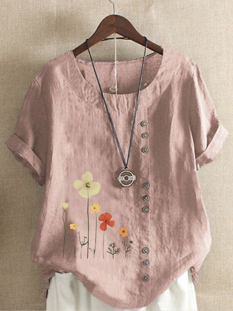 Women's Summer Cotton And Linen Printing Elegant Blouses