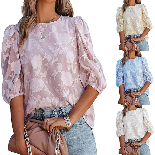 Women's Summer Puff Sleeve Chiffon Loose Flower Tops