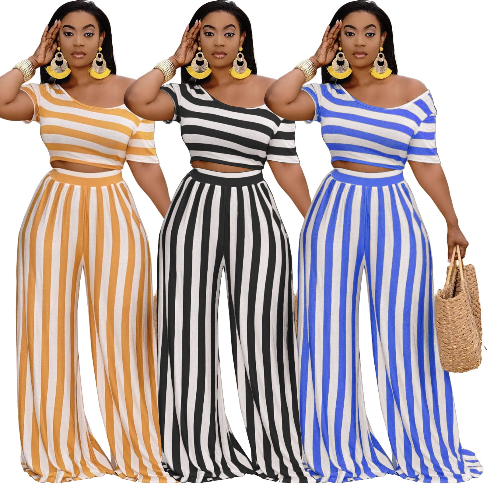 Slouchy Cool Navel Striped Wide-leg Two-piece Suits