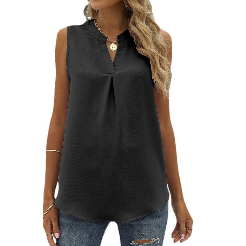 Women's Solid Color Chiffon Shirt Loose V-neck Vests