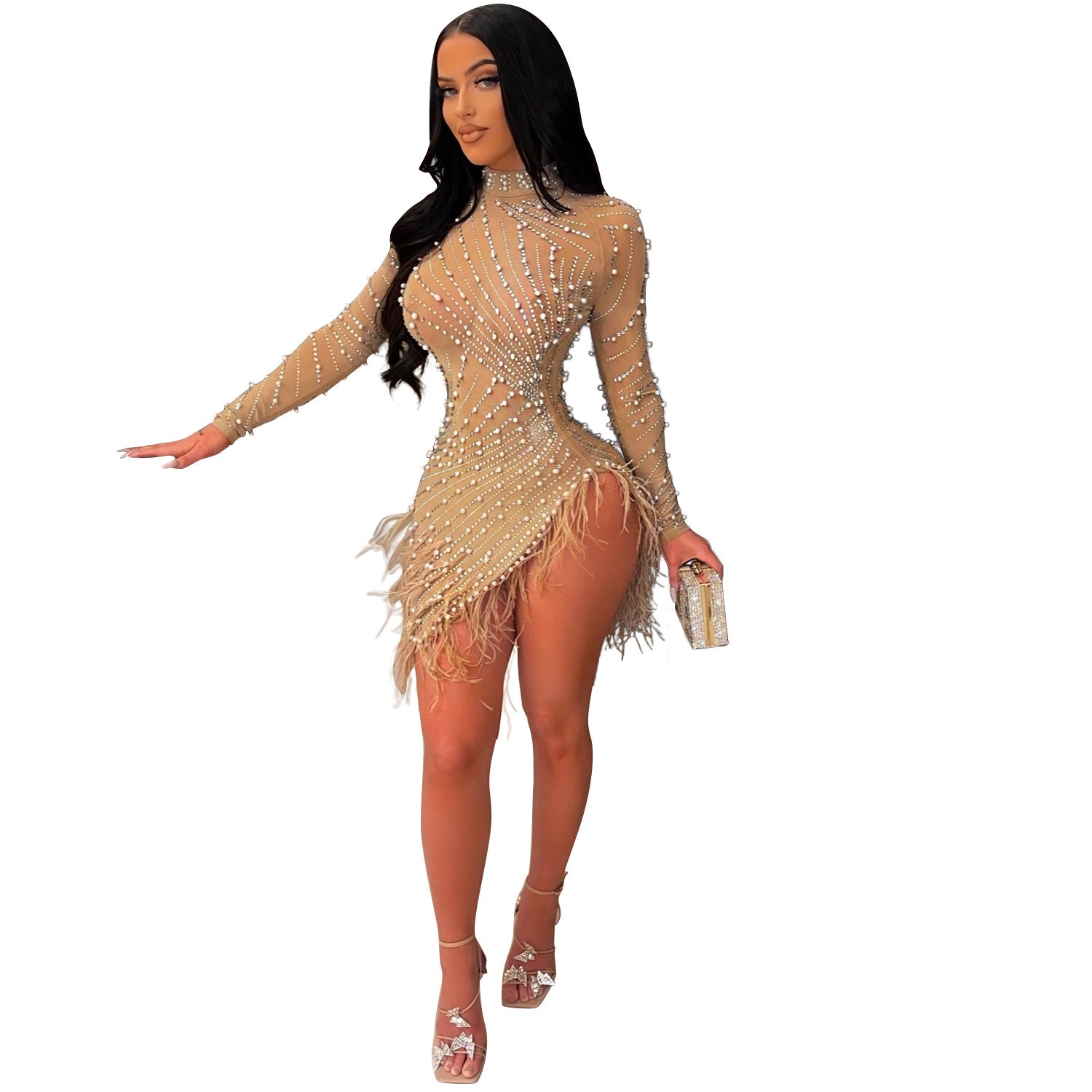 Damen Sommer Sexy Hot Mesh Strass Kleid Kleider