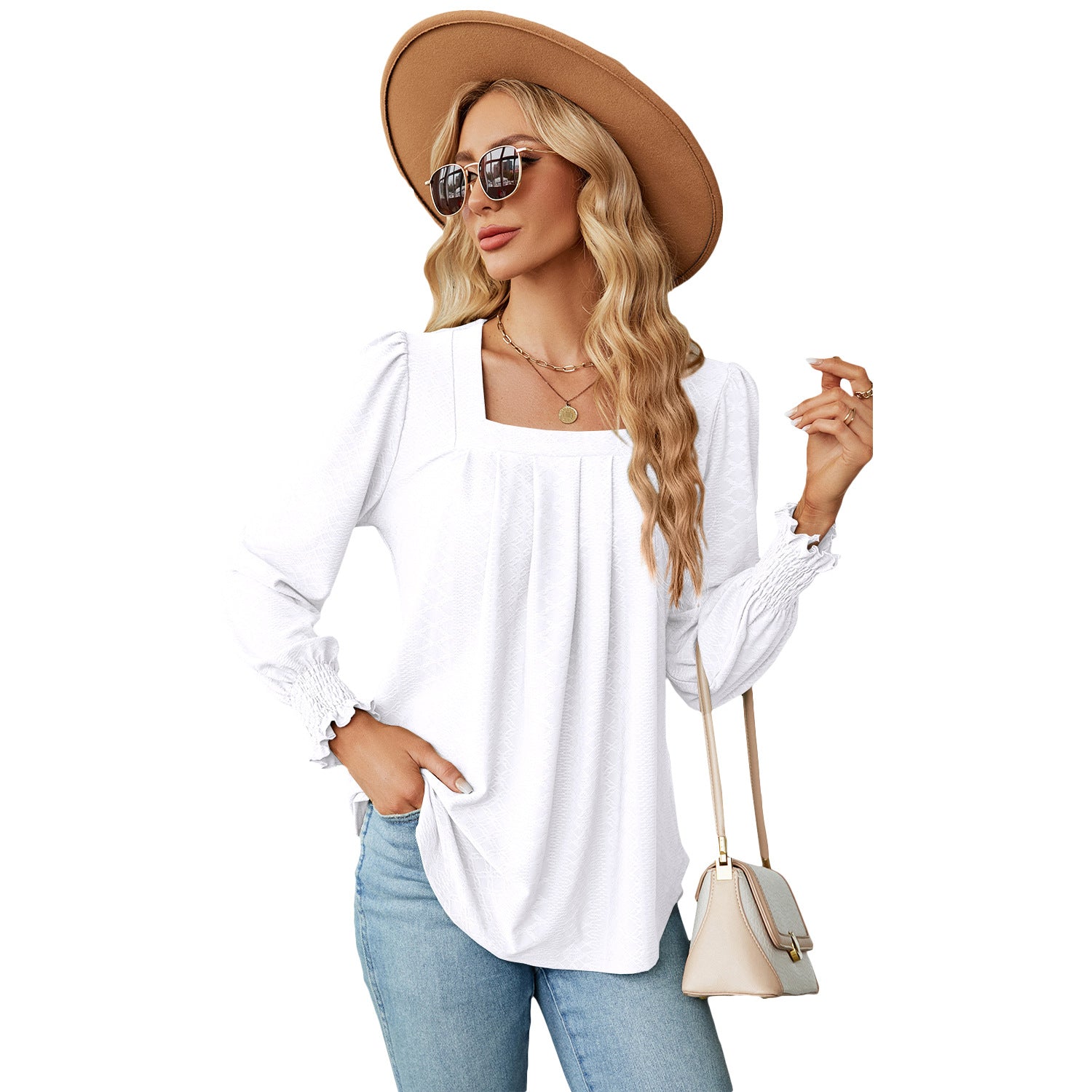 Women's Pleated Square Collar Long Sleeve Swallowtail Blouses