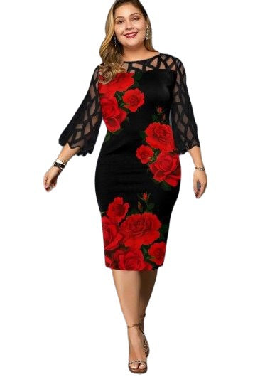 Women's Digital Printing Lace Stitching 3/4 Sleeve Large Dresses